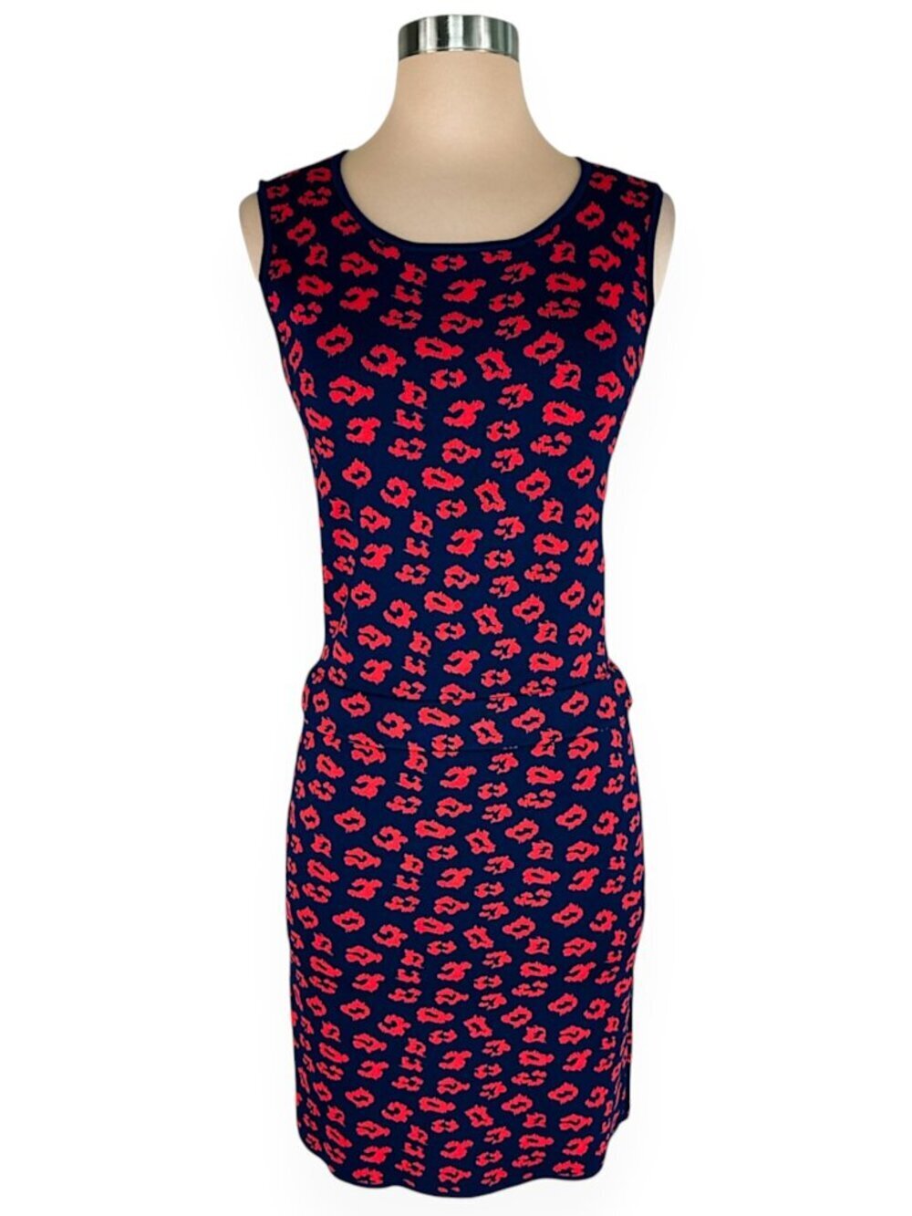 Pink Tartan Navy Blue Red Vibrant Stretch Knit Leopard Print Sweater Dress S